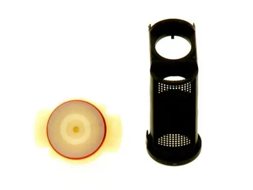 Zwei Bosch-Filter in unterschiedlichen Formen. Der linke Filter hat eine runde, glatte Oberseite, während der rechte Filter ein gitterartiges Design aufweist.